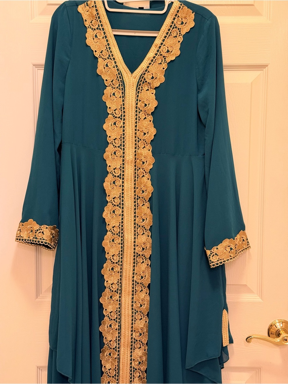 Women’s S Teal Gold Embroidered Kaftan Abaya Maxi Dress Moroccan Formal Belt